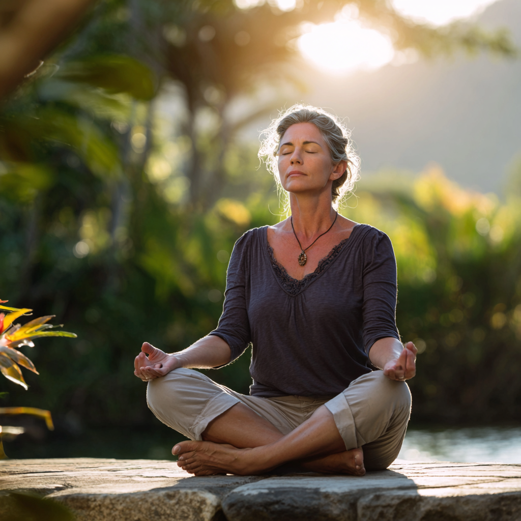 Peaceful middle-aged woman practicing yoga meditation in serene natural setting